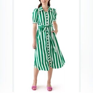 NWT Crown & Ivy Women's Short Sleeve Green Striped Button Down Shirtdress Small